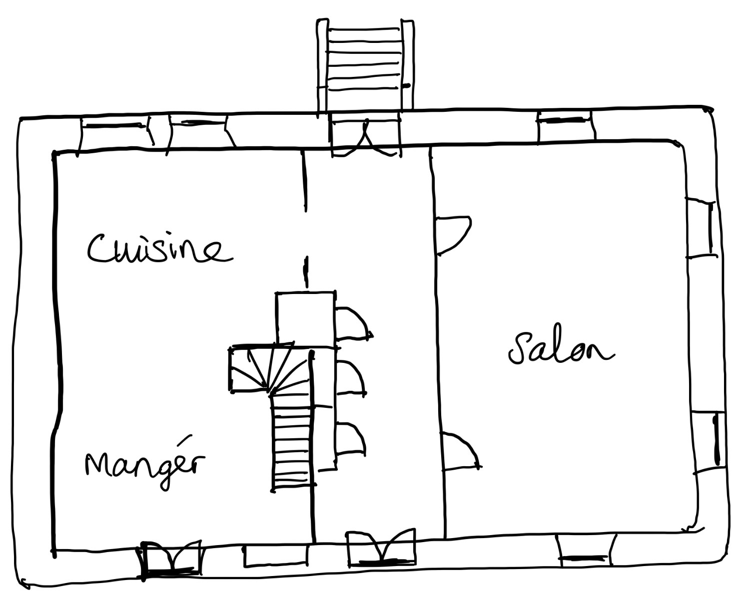Floor plan of the Bernadou ground floor — living room, kitchen-diner, utility room and terrace access